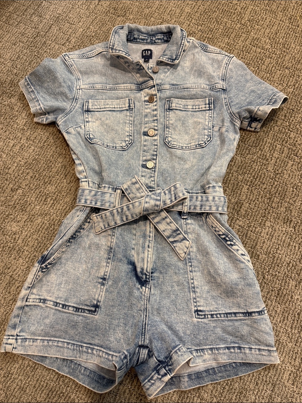 GAP Light Wash Denim Short Sleeve Belted Romper